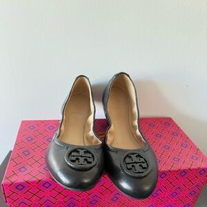 Tory Burch Black Flats with Leather Emblem
